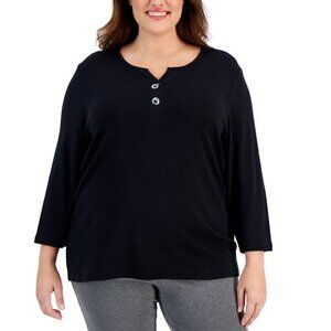 Karen Scott Womens Plus Size 1X 3/4 Sleeve Toggle-Neck Top in Deep Black 128